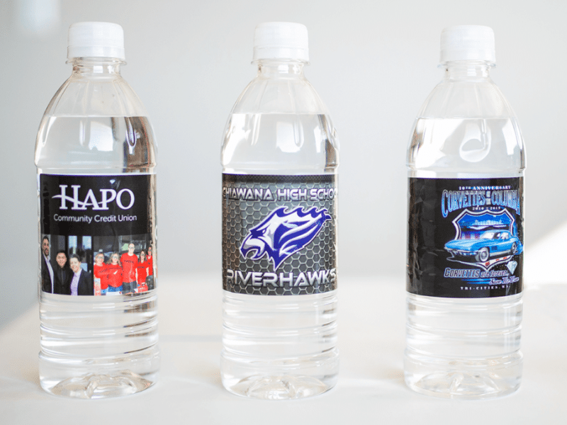 Row of 3 custom label water bottles